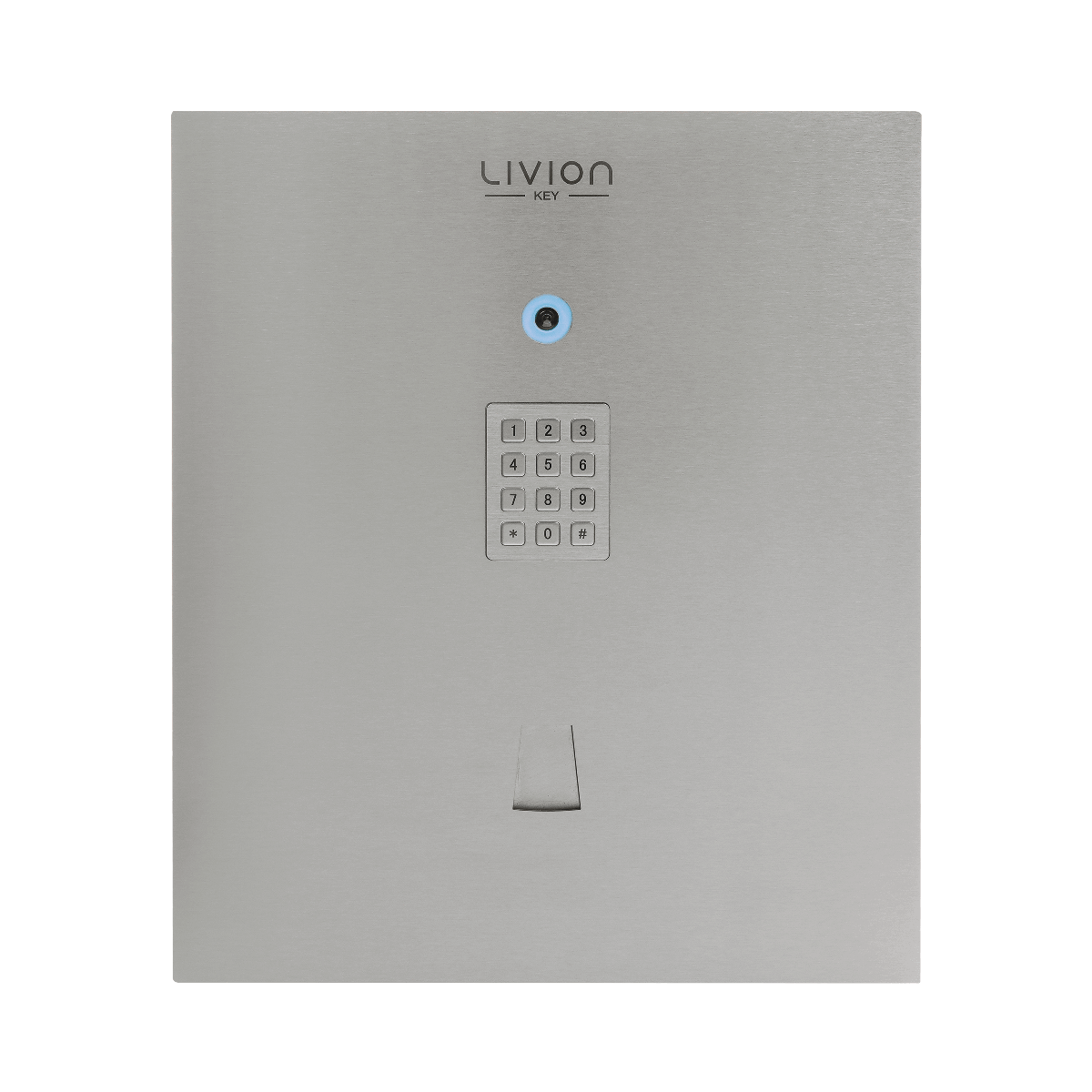 Livion Key Schlüsselbox aus Edelstahl mit Zahlenfeld und Kamera Moderne Livion Key Schlüsselbox aus Edelstahl mit beleuchtetem Zahlenfeld und Kamera zur sicheren Zutrittskontrolle