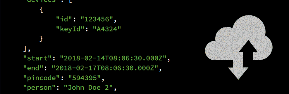 Cloud-Synchronisation von Daten mit verschlüsseltem JSON-Code Abbildung eines Codes mit JSON-Daten und einem Symbol für Cloud-Synchronisation, das eine Upload- und Download-Funktion zeigt
