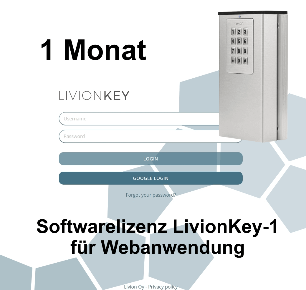 Abbildung eines LivionKey-1 Codeschlosses und Anmeldeseite zur 1-monatigen Softwarelizenz für die Webanwendung