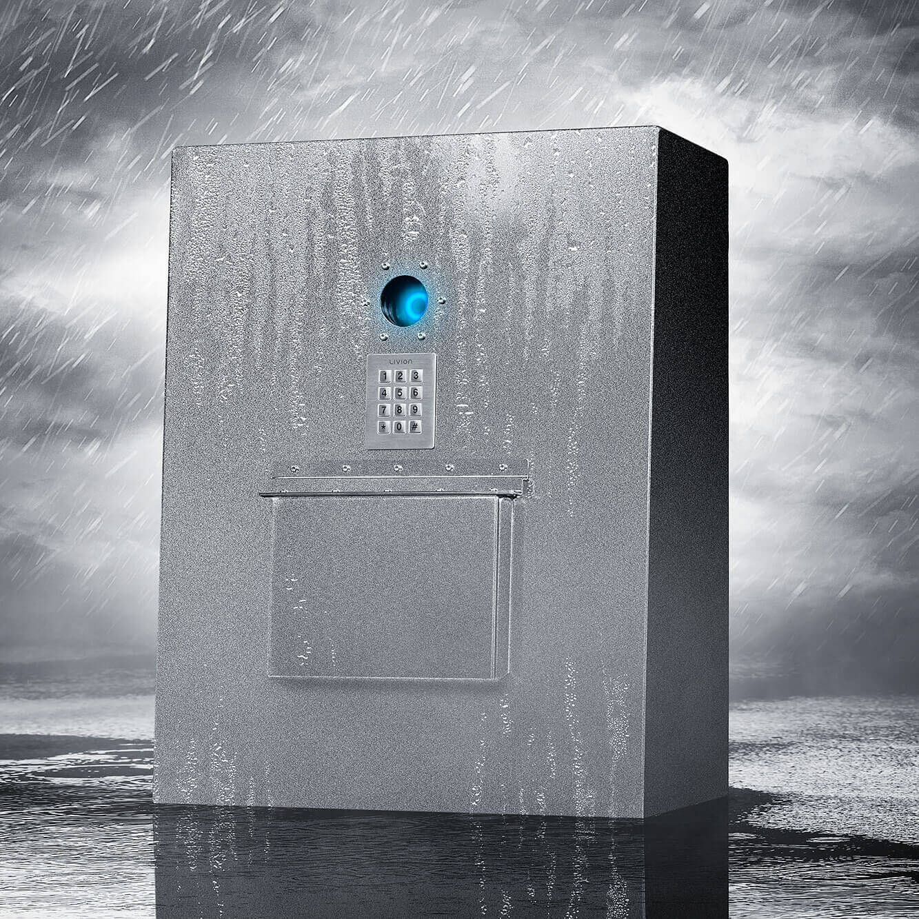 Wasserdichte Sicherheitsbox mit Kamera und Zahlencode-Tastatur für den Außenbereich Robuste, wasserdichte Sicherheitsbox aus Metall mit Kamera und Zahlencode-Tastatur, geeignet für den Einsatz im Regen