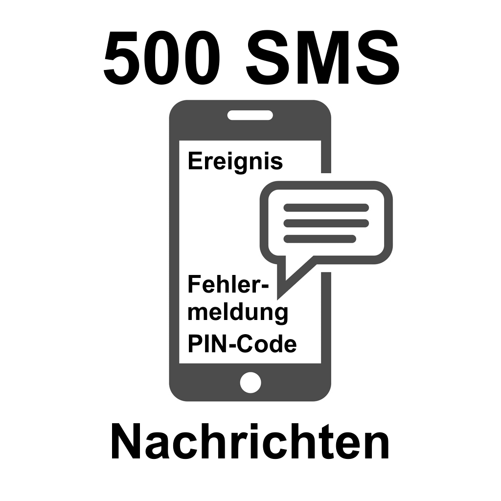 500 SMS Nachrichten für Ereignisse, Fehlermeldungen und PIN-Codes Grafik mit Smartphone und Sprechblase, Text: 500 SMS für Ereignisse, Fehlermeldungen und PIN-Codes