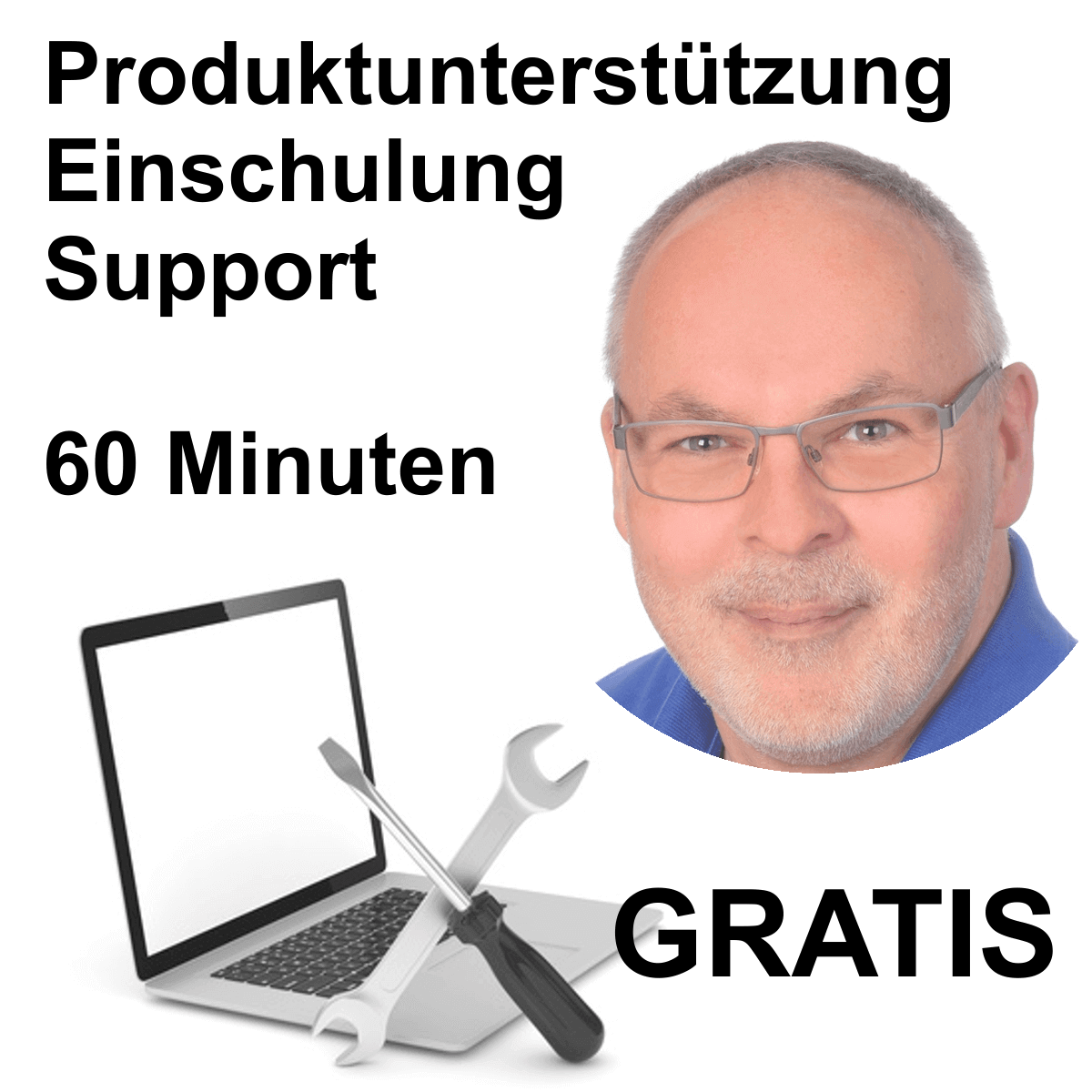 Porträt eines lächelnden Mannes mit Brille und grauem Bart sowie Laptop mit Schraubenzieher und Schraubenschlüssel Lächelnder Mann mit Brille, neben einem Laptop und Werkzeug für Computerreparatur