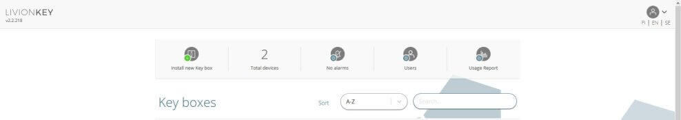 LivionKey Dashboard Übersicht mit installierten Key Boxen und Geräteinformationen Screenshot des LivionKey Dashboards mit Anzeige installierter Key Boxen, Gerätezähler, Alarmstatus, Nutzerübersicht und Nutzungsbericht
