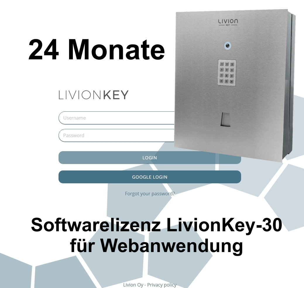 Softwarelizenz LivionKey-30 für Webanwendung – 24 Monate Laufzeit Produktbild der LivionKey-30 Softwarelizenz für Webanwendung mit Edelstahl-Keypad und einer Laufzeit von 24 Monaten