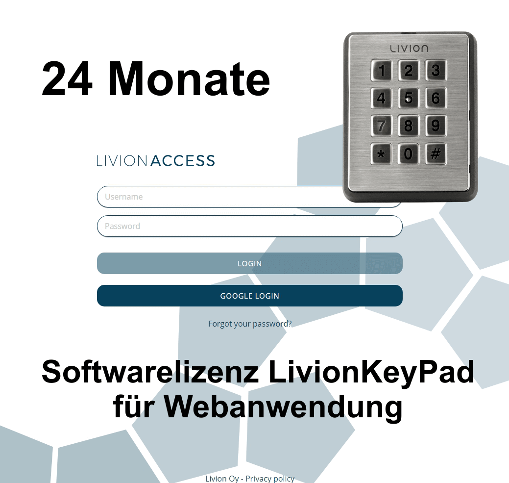 Softwarelizenz LivionKeyPad für Webanwendung – 24 Monate Laufzeit Abbildung eines Keypads und Login-Bereich für die Softwarelizenz LivionKeyPad zur Webnutzung mit 24 Monaten Laufzeit