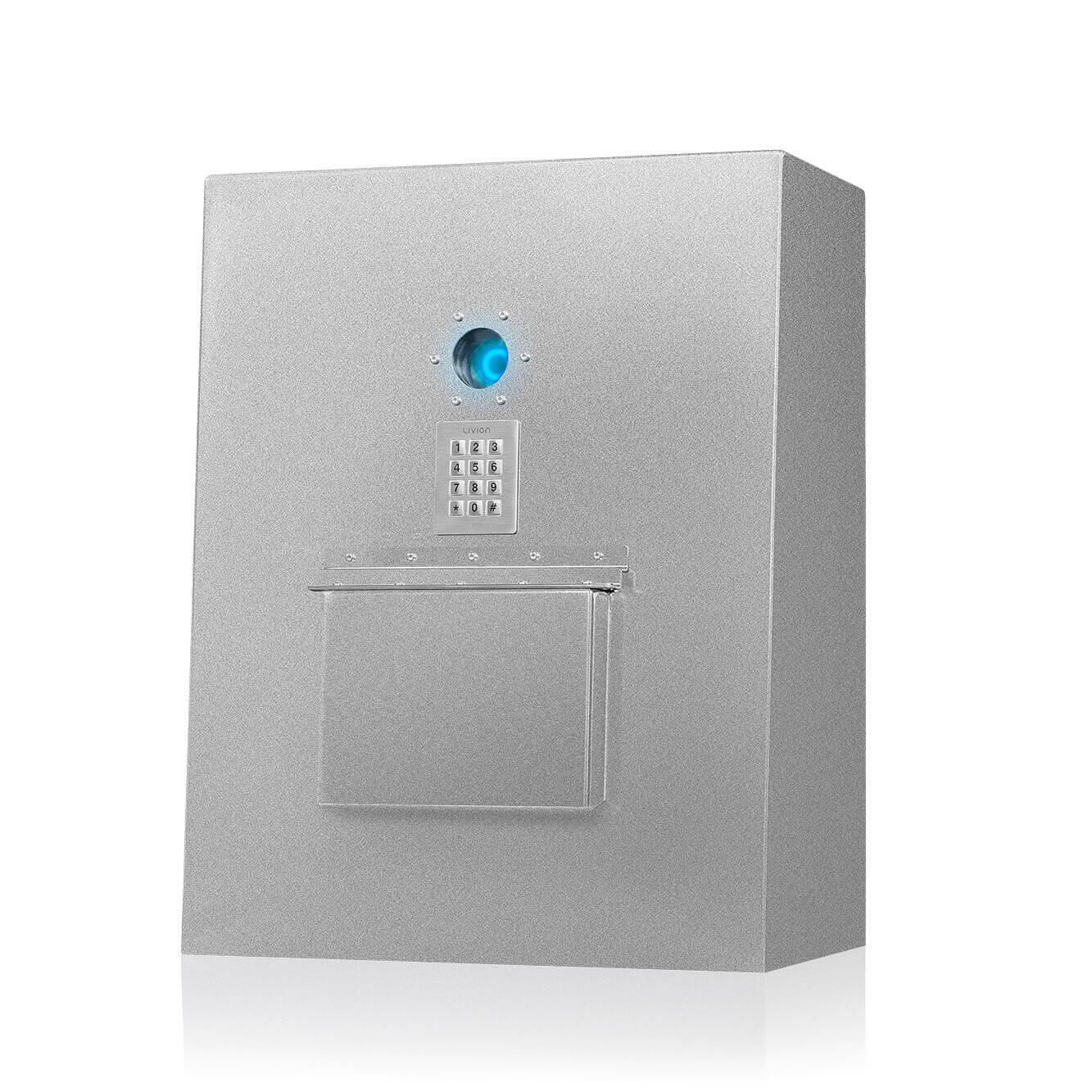 Stahlsicherheitsbox mit Code-Tastatur und Einwurffach, silbergrau Sichere Metallbox mit Zahlencode-Tastatur, Einwurffach und Kontrollleuchte, ideal für Dokumente oder Bargeld