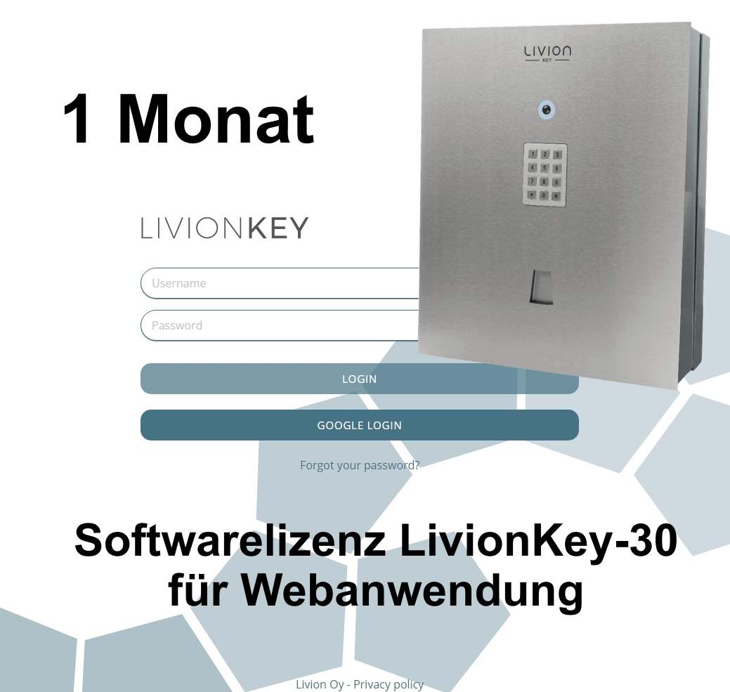 1 Monat LivionKey-30 Softwarelizenz für Webanwendung – Zugang und Verwaltung Abbildung einer LivionKey-Box und Anmeldeseite für die LivionKey-30 Softwarelizenz für Webanwendung, Laufzeit 1 Monat
