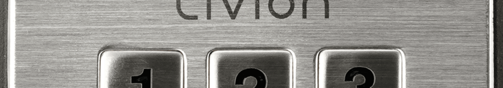 Nahaufnahme eines Edelstahl-Tastaturfelds mit den Tasten 1, 2 und 3 sowie dem Schriftzug 'Civion' Detailaufnahme einer nummerierten Edelstahl-Tastatur mit den Zahlen 1, 2, 3 und der Aufschrift 'Civion' oben