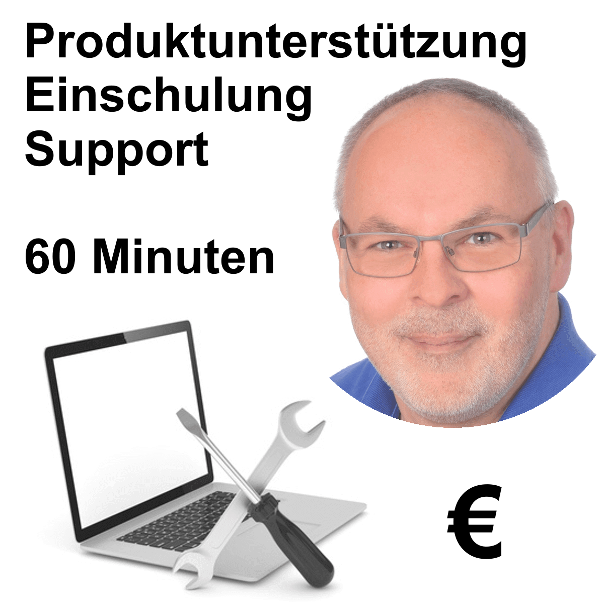 IT-Service und Computerreparatur – Experte mit Laptop und Werkzeugen Porträt eines freundlichen Mannes mit Brille, daneben ein Laptop mit Schraubendreher und Schraubenschlüssel als Symbol für Computerreparatur