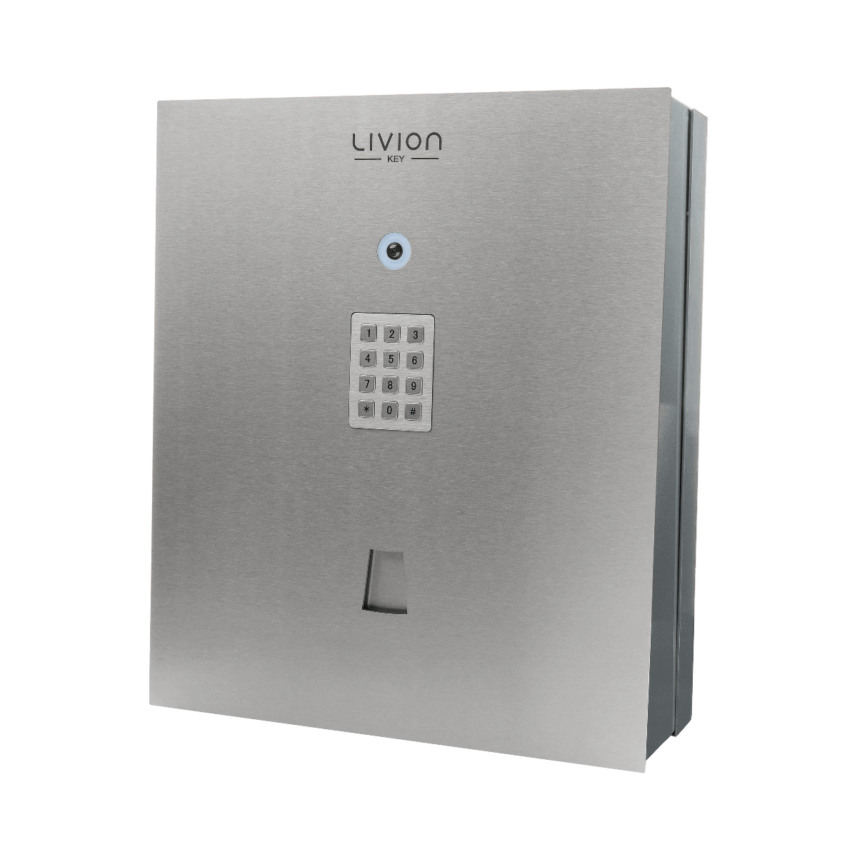 Schlüsseltresor aus Edelstahl mit Zahlenfeld – LIVION Key Tresor zur sicheren Schlüsselaufbewahrung LIVION Key Schlüsseltresor aus gebürstetem Edelstahl mit Zahlenfeld und Sichtauge zur sicheren Aufbewahrung von Schlüsseln