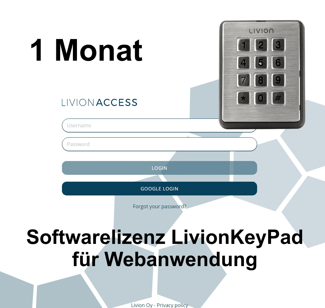 Softwarelizenz LivionKeyPad für Webanwendung – 1 Monat Zugang Zugangsbeschränkung per LivionKeyPad, Anmeldemaske für Softwarelizenz, 1 Monat Laufzeit