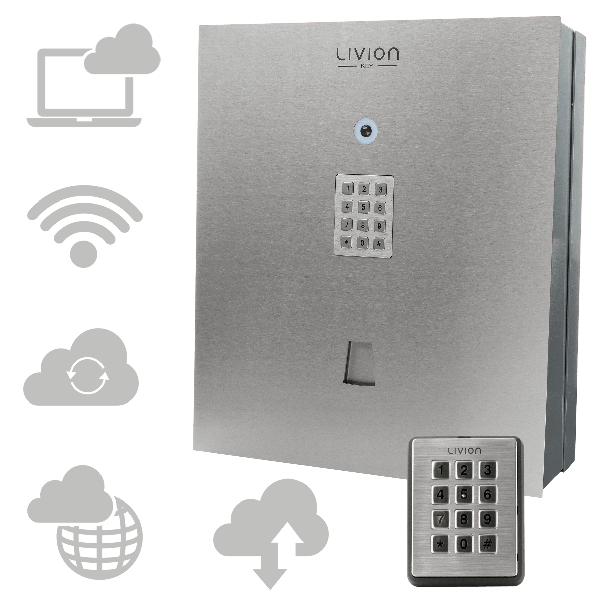 Livion Key digitale Schlüsselsafe mit WLAN-Funktion und Edelstahlgehäuse Elektronischer Schlüsselsafe Livion Key aus Edelstahl mit WLAN, Tastenfeld und Cloud-Symbolen für Onlinezugriff