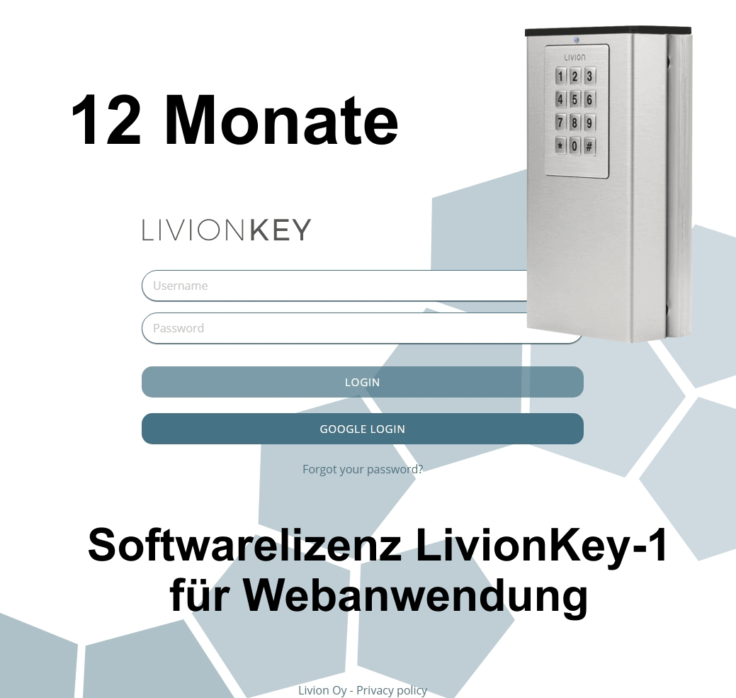 12 Monate Softwarelizenz LivionKey-1 für Webanwendung Abbildung einer 12-monatigen LivionKey-1 Softwarelizenz für die Webanwendung mit Login-Bereich und Keypad-System