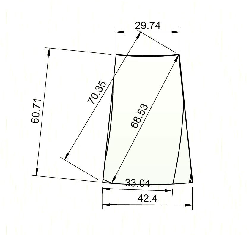 Technische Zeichnung eines trapezförmigen Bauteils mit Maßangaben Skizze eines trapezförmigen Objekts mit verschiedenen Längenmaßen und Winkelangaben zur technischen Beschreibung