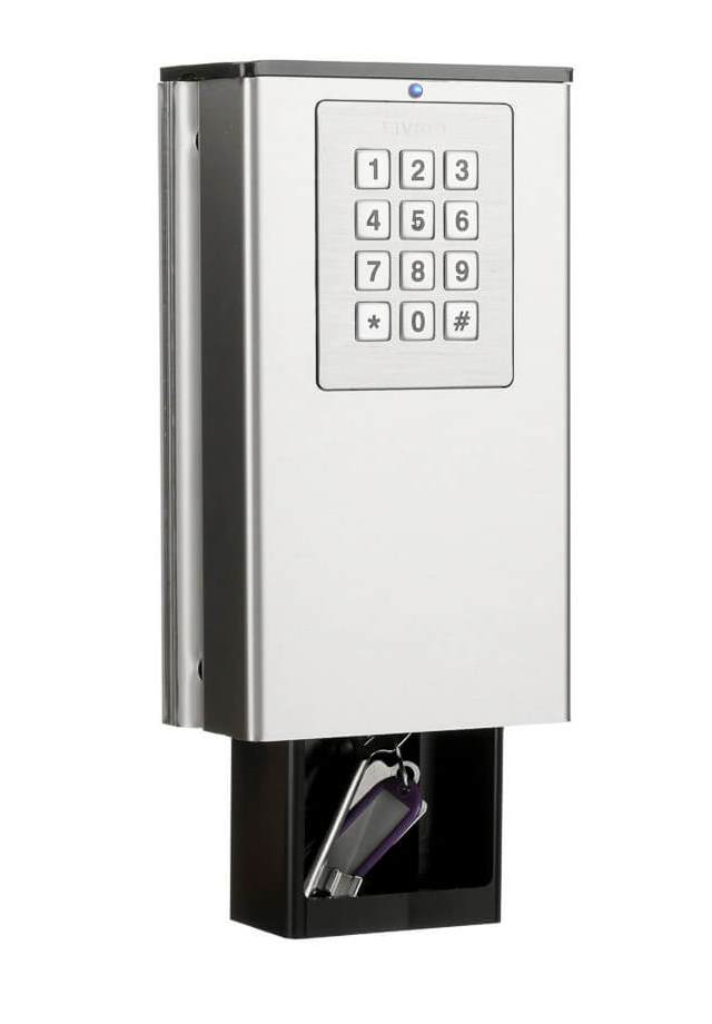 Elektronischer Schlüsselsafe mit Zahlencode Silberner elektronischer Schlüsselsafe mit integrierter Tastatur zur PIN-Eingabe und Schlüsselaufbewahrung