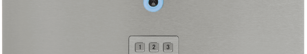 Livionkey-Edelstahl-Frontblende mit Kamera und beleuchteter Tastatur, Tasten 1-2-3 Vorderansicht einer modernen Edelstahl-Front mit integrierter Kamera und drei nummerierten Tasten 1, 2 und 3