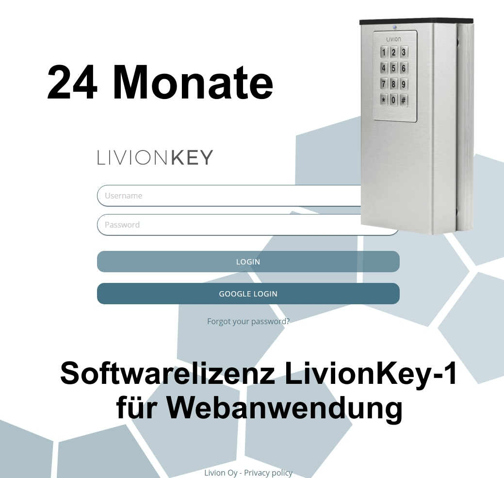 LivionKey-1 Softwarelizenz für 24 Monate – Webanwendung Zugang und Verwaltung Abbildung der LivionKey-1 Softwarelizenz für Webanwendung mit 24 Monaten Laufzeit und Keypad-Gerät